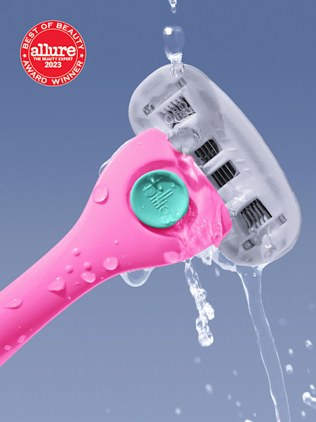 pink and teal razor with water dripping and an awards badge for cosmo best in beauty 2023